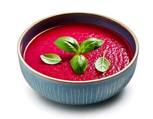Isolated against a white background, a creamy beetroot soup is topped with fresh basil leaves.