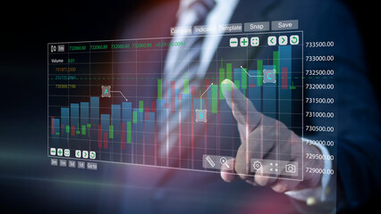 Business hand touching digital screen showing stock market charts and rising data bars, exchange financial growth diagram. Concept of trading, investment, and analysis