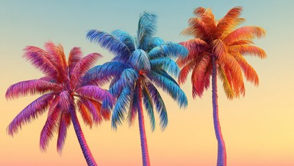 Vivid, stylized digital art of three rainbow-colored palm trees silhouetted against a gradient sky