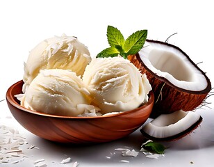 Served in a wooden dish, creamy coconut ice cream is topped with coconut flakes.