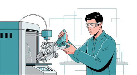 Illustration depicting a technician operating a 3D printer within a technologically advanced