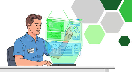 Illustration depicting a man interacting with a holographic interface for data analysis