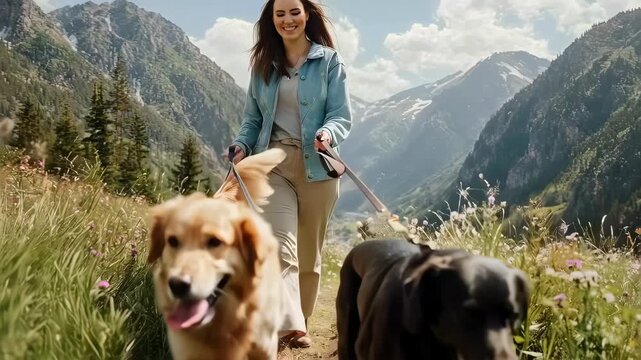 Woman hiking with two dogs in a beautiful mountain landscape.