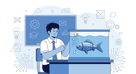 Illustration of a curious student presenting a fish in an aquarium with learning symbols background
