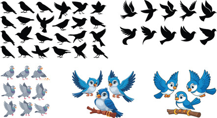 Collection of bird silhouettes and cartoon birds
