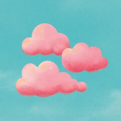 Three fluffy pink clouds float in a bright, light-blue sky, evoking calm and gentle feelings
