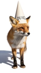 Obraz premium fox wearing a dunce cap hat, dim, dumb, stupid, on a white background, animal photo