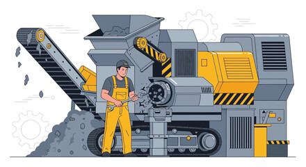 Illustration of a mechanic repairing a large industrial stone crusher machine with conveyor belt