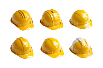 Illustration of six yellow hard hats on transparent background for construction safety gear