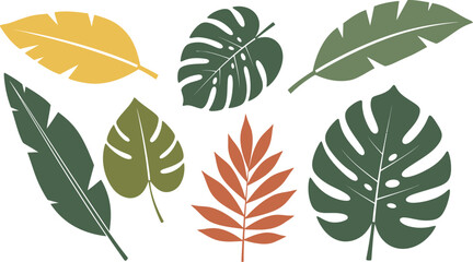 Fototapeta premium Collection of vibrant tropical leaves various shapes and colors exotic botanical elements for decorative designs and nature themes isolated on white background