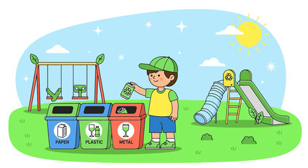 Illustration of a young boy recycling in a playground promoting environmental awareness