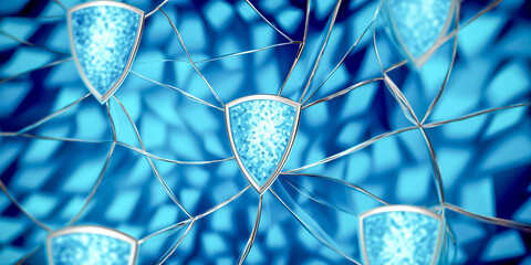 サイバーセキュリティの概念：青い3Dの盾とデジタル防御壁