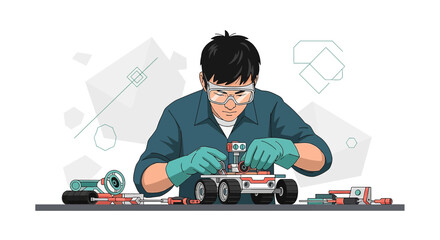 Illustration of a young engineer assembling a small wheeled robot in a workshop environment