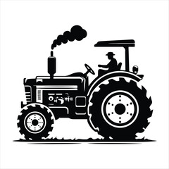 Black and white silhouette of a farmer driving a tractor in a field, emitting smoke from its exhaust pipe, symbolizing agriculture and rural life