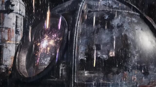 Mysterious glowing energy pulses behind a weathered glass dome on a rainy industrial structure.