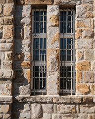 Window with bars on an old stone building showcasing rustic architecture under bright sunlight