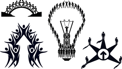 Fototapeta premium Teamwork and Collaboration Silhouette Set: Unity, Bridge, Idea Lightbulb, and Leadership Star