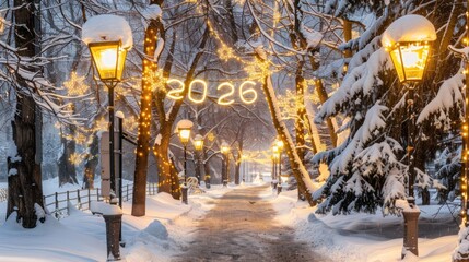Snowy Park Pathway with Festive Lights and 2026 Sign in Winter Evening Atmosphere