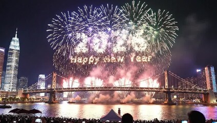 Spectacular golden fireworks illuminate the night sky over a grand suspension bridge and urban skyline vibrant reflections dance on the water observed by a thrilled crowd enjoying the festive display - Powered by Adobe