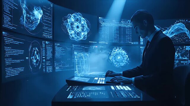 Professional working late at night surrounded by large digital screens displaying complex blue holographic brain visualizations and streaming data code in a futuristic control room