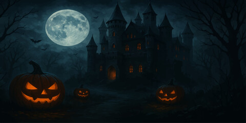 Spooky Halloween night background with pumpkins, bats, and a dark haunted castle silhouette illustration
