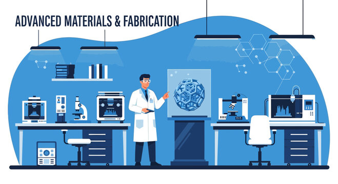 Illustrative representation of a lab with advanced equipment, focusing on material science and