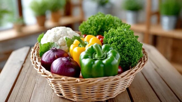 Vibrant Vegetable Basket: A rustic basket overflows with a colorful assortment of fresh, organic vegetables, a testament to nature's bounty and culinary delight.