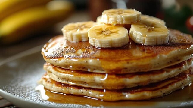 Golden Pancakes Delight: A stack of fluffy pancakes drizzled with sweet syrup and topped with fresh banana slices, inviting you to savor a moment of pure bliss. 
