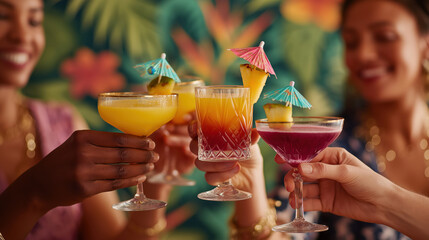 Friends toasting with colorful tropical cocktails at a summer party. Happy diverse women celebrating with alcoholic drinks