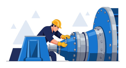 Industrial maintenance professional repairing heavy machinery in vector illustration