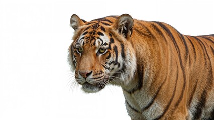 Tiger with orange and black striped fur facing left against a white background.