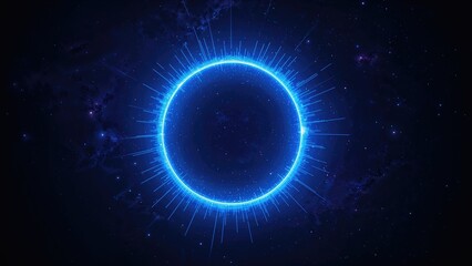 Bright blue light circle in space with radiating lines, cosmic background. Abstract science and technology concept element.