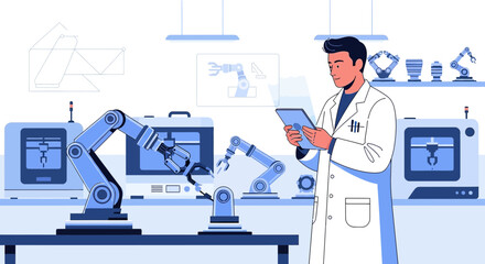 Innovation in automation, robotics engineer using tablet device overseeing robotic arms operation