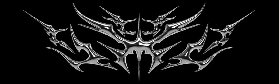 3D chrome tribal graphic with sharp edges and futuristic style black background. Metallic design perfect for streetwear fashion, digital tattoos or Y2K cyberpunk visuals.