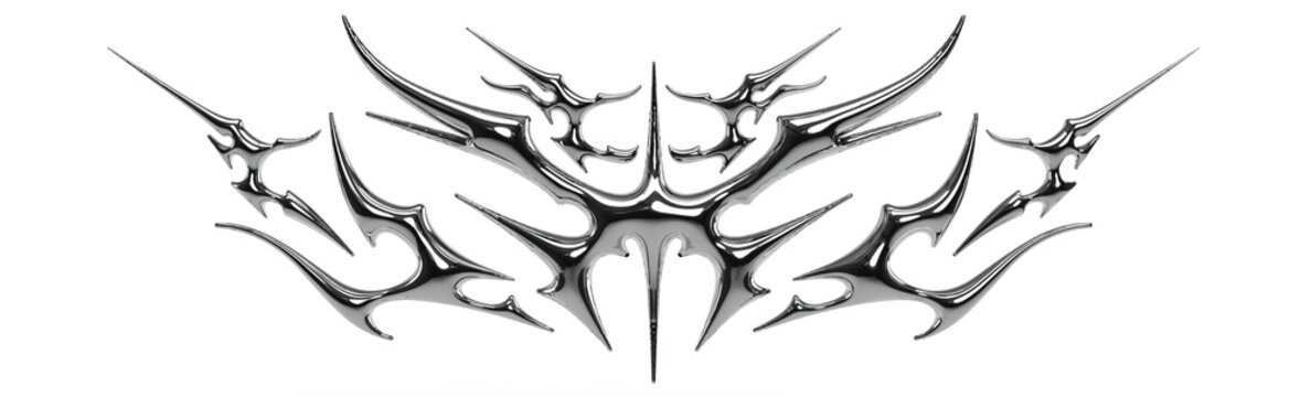 3D chrome tribal graphic with sharp edges and futuristic style. Metallic design perfect for streetwear fashion, digital tattoos or Y2K cyberpunk visuals.