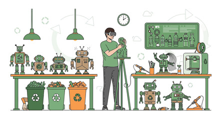Innovative creator using virtual reality to sculpt robots from recycled materials workshop setting