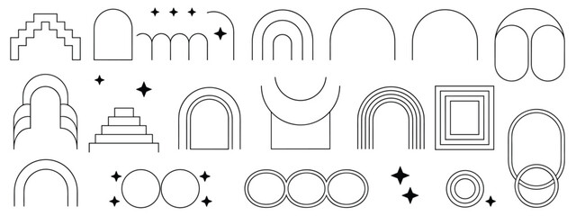 Collection of Minimalist Geometric Shapes and Arches in Black Outline Keywords: geometric shapes, abstract, minimalist, line art, outline, arch