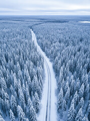 Aerial view of straight road in snowy winter forest