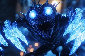 alien creature with multiple glowing eyes and sharp crystalline claws