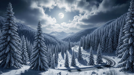 Winding road in snowy winter forest under full moon night