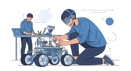 Innovative engineering team developing and assembling robotic rover prototype in laboratory