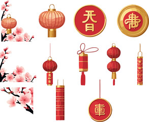 A festive flat illustration set featuring Chinese New Year lanterns, coins with lucky symbols, firecrackers, and cherry blossom branches arranged