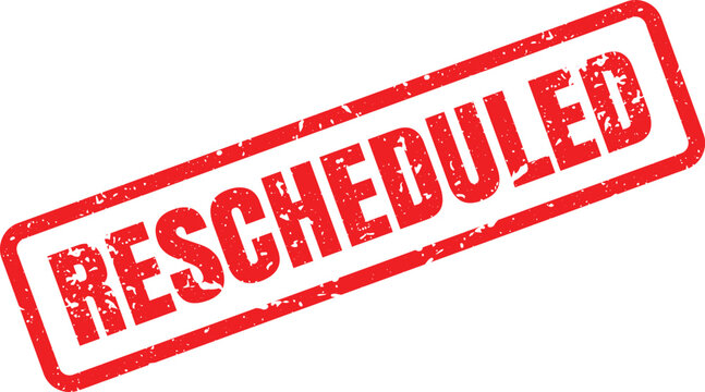 A vibrant red distressed rubber stamp prominently featuring the word RESCHEDULED on a clean white surface