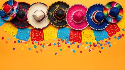 A vibrant row of colorful sombreros and festive mexican decorations on an orange background
