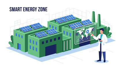 Innovative isometric illustration depicting a smart energy zone powered by renewable solar