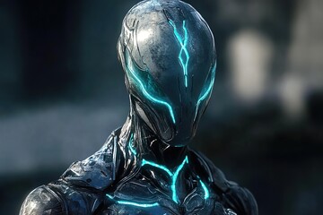 alien humanoid with metallic skin and glowing blue veins