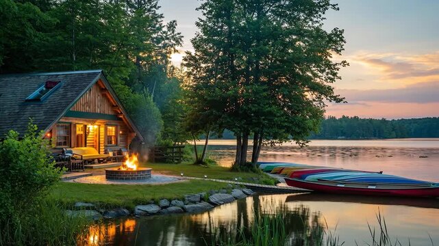 Tranquil Lakeside Cottage with Fire Pit at Sunset featuring Calm Water and Colorful Canoes