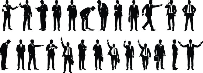 25 Silhouette collection of business men in various professional poses for work presentations.
