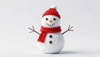 Fototapeta premium A cheerful snowman wearing a red knit hat and scarf, In What Style: Clean 3D render with soft studio lighting, In What Colors: Bright red, pure white and warm brown against seamless white background, 