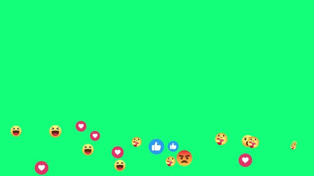 social media interaction bubbles floating up animation. rising stream of facebook style feedback icons isolated. viewer engagement concept with flying colorful emojis. 